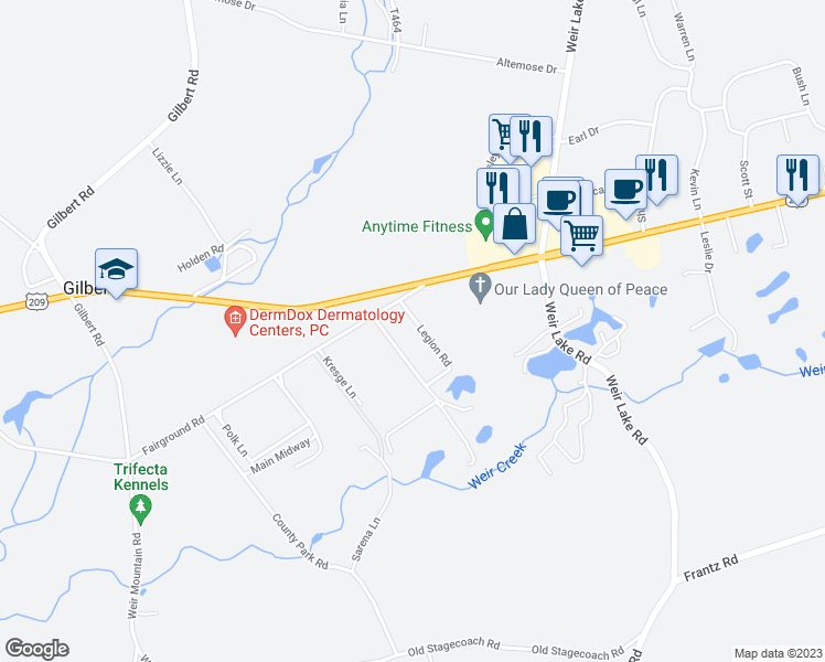 map of restaurants, bars, coffee shops, grocery stores, and more near 173 Legion Road in Gilbert
