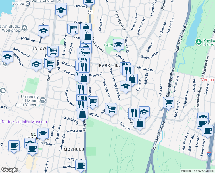 map of restaurants, bars, coffee shops, grocery stores, and more near 88 Saratoga Avenue in Yonkers