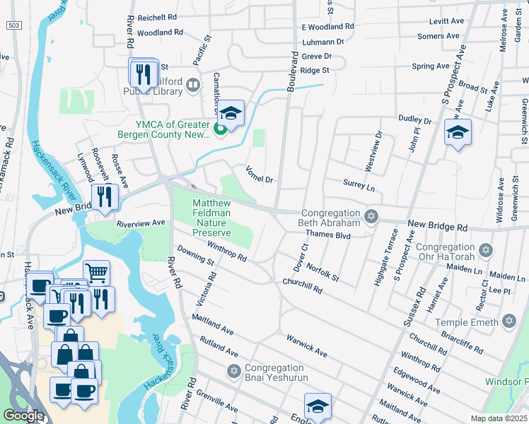 map of restaurants, bars, coffee shops, grocery stores, and more near 1673 Hanover Street in Teaneck