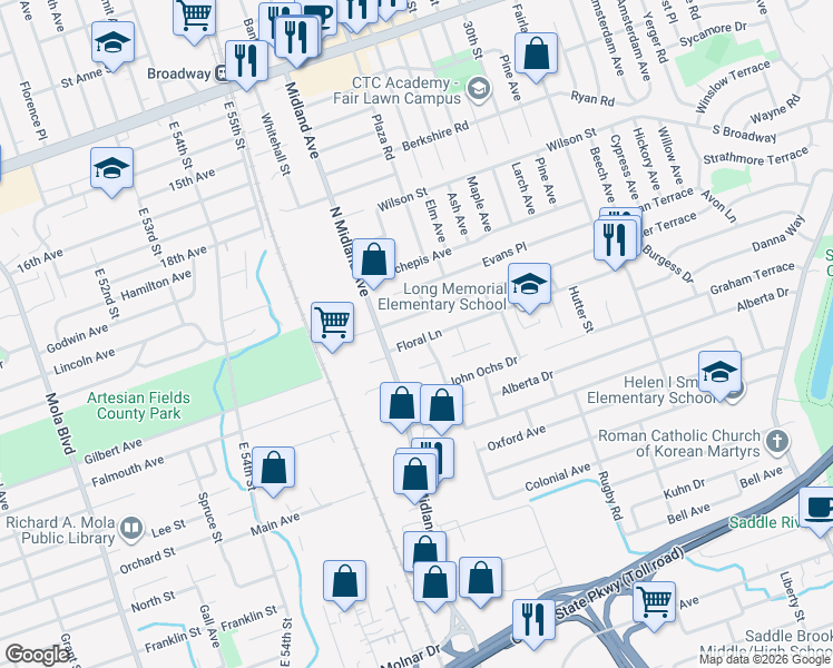 map of restaurants, bars, coffee shops, grocery stores, and more near 8 Leonhardt Court in Saddle Brook