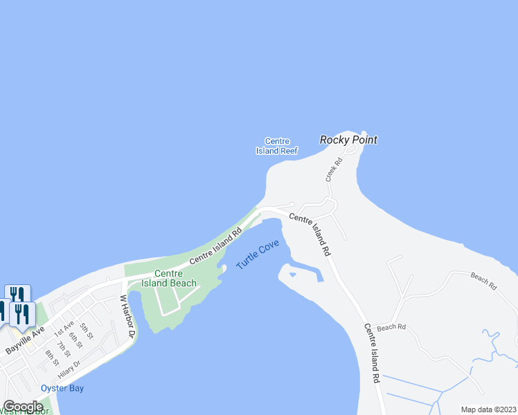 map of restaurants, bars, coffee shops, grocery stores, and more near 101 Centre Island Road in Oyster Bay