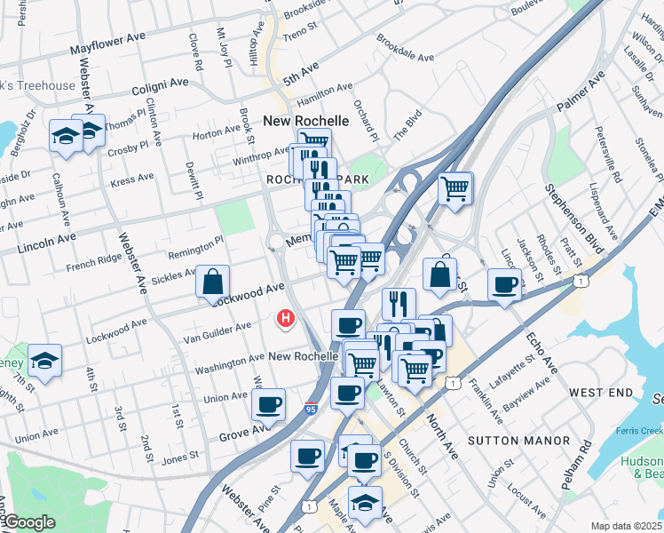 map of restaurants, bars, coffee shops, grocery stores, and more near 11 Burling Lane in New Rochelle