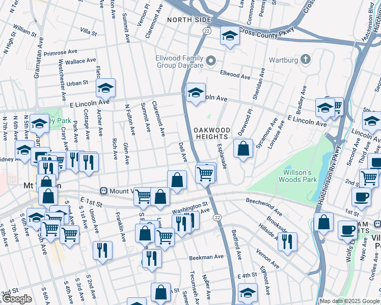 map of restaurants, bars, coffee shops, grocery stores, and more near 66 New York 22 in Mount Vernon