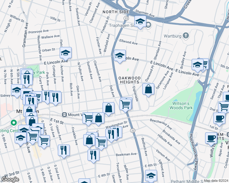 map of restaurants, bars, coffee shops, grocery stores, and more near 297 East Prospect Avenue in Mount Vernon
