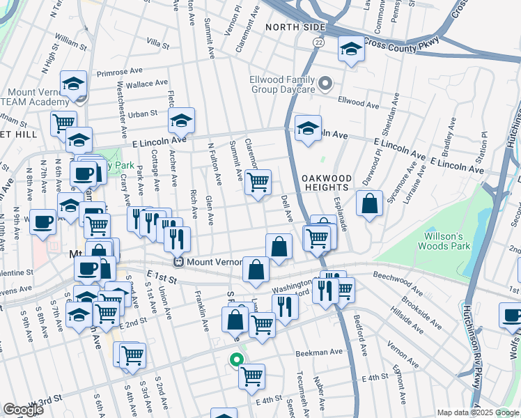 map of restaurants, bars, coffee shops, grocery stores, and more near 265 East Prospect Avenue in Mount Vernon