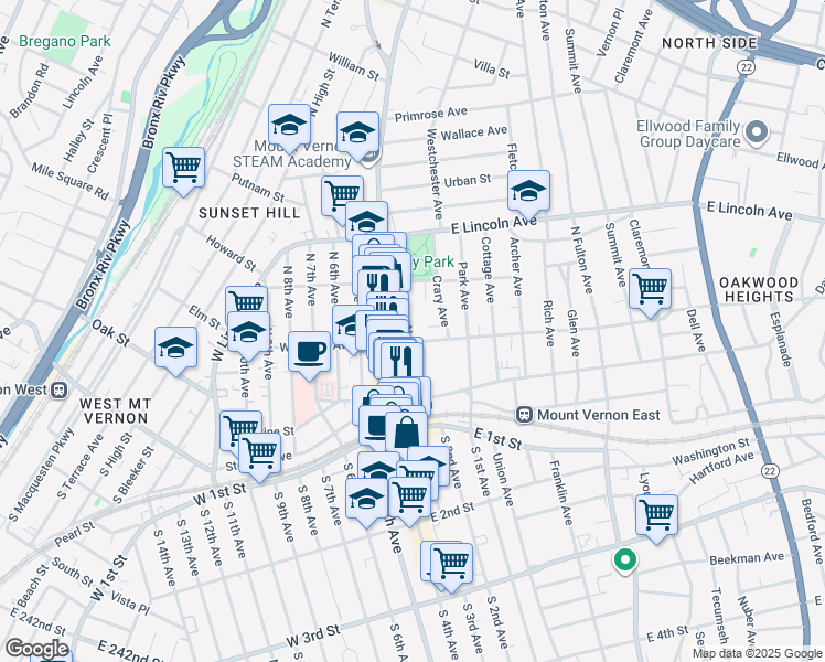map of restaurants, bars, coffee shops, grocery stores, and more near in Mount Vernon
