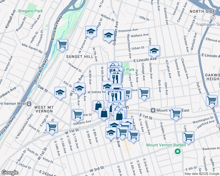map of restaurants, bars, coffee shops, grocery stores, and more near 102 Gramatan Avenue in Mount Vernon