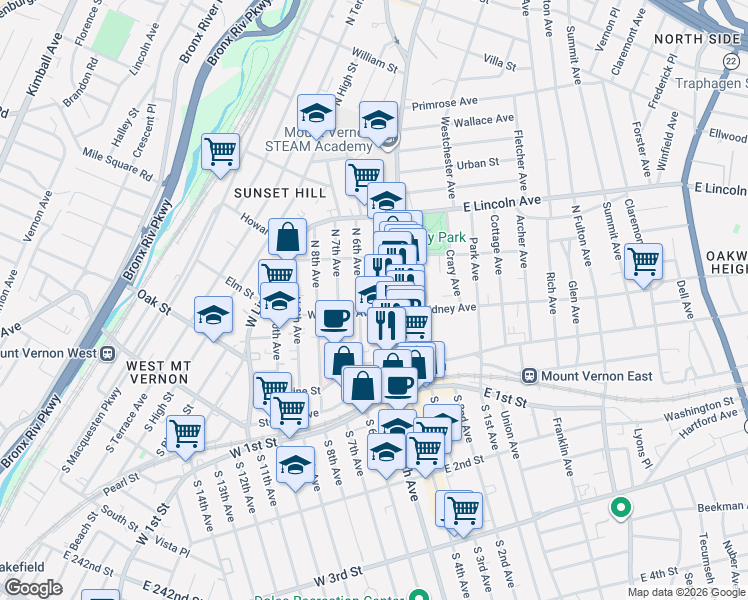 map of restaurants, bars, coffee shops, grocery stores, and more near 28 West Sidney Avenue in Mount Vernon