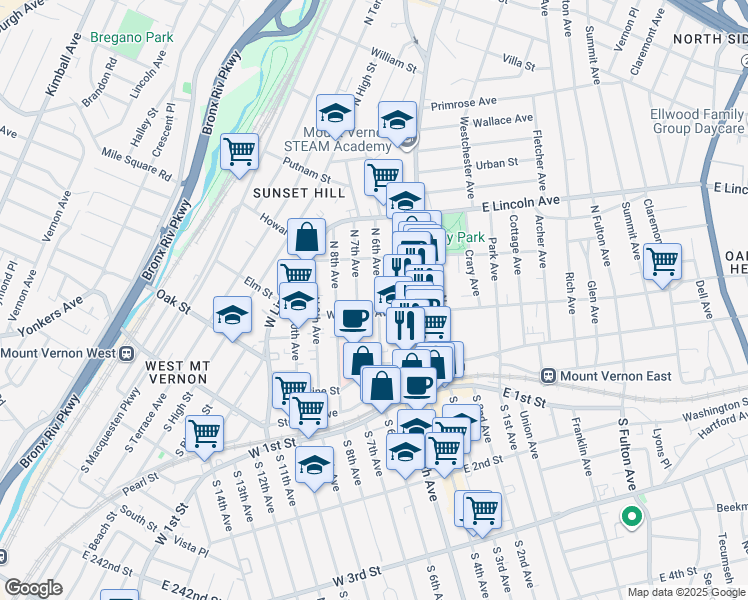 map of restaurants, bars, coffee shops, grocery stores, and more near 28 West Sidney Avenue in Mount Vernon