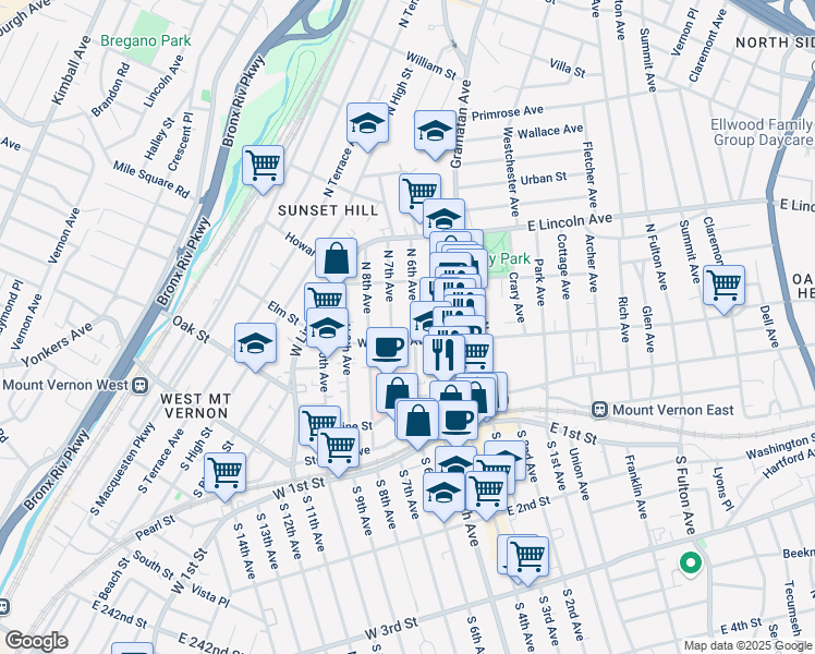 map of restaurants, bars, coffee shops, grocery stores, and more near 28 West Sidney Avenue in Mount Vernon