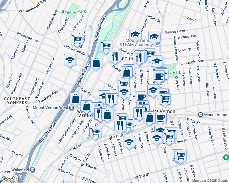 map of restaurants, bars, coffee shops, grocery stores, and more near 197 West Lincoln Avenue in Mount Vernon