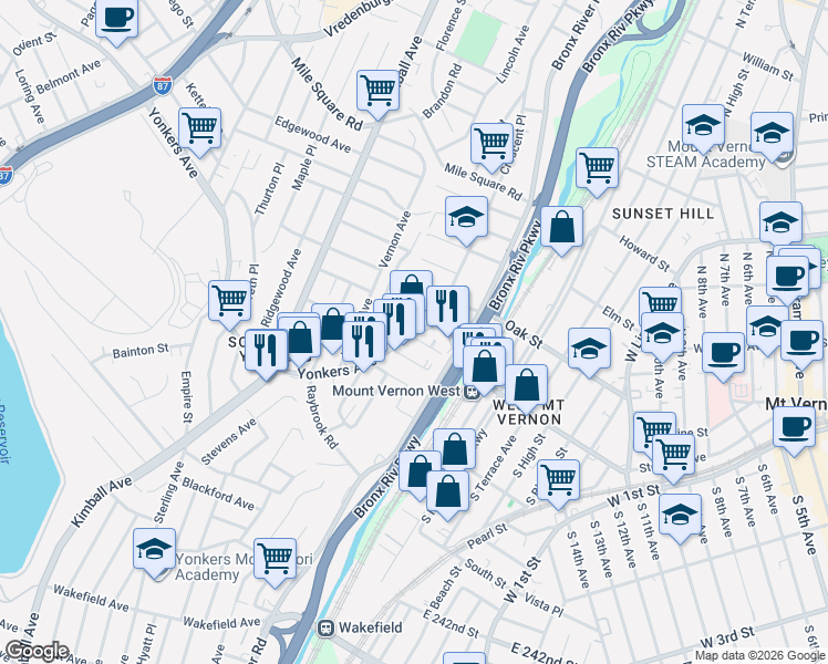 map of restaurants, bars, coffee shops, grocery stores, and more near in Yonkers