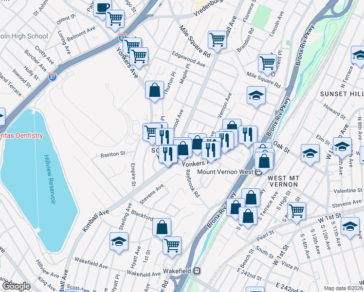 map of restaurants, bars, coffee shops, grocery stores, and more near in Yonkers
