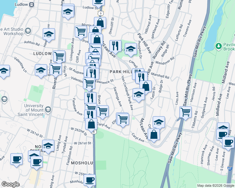 map of restaurants, bars, coffee shops, grocery stores, and more near 110 Saratoga Avenue in Yonkers