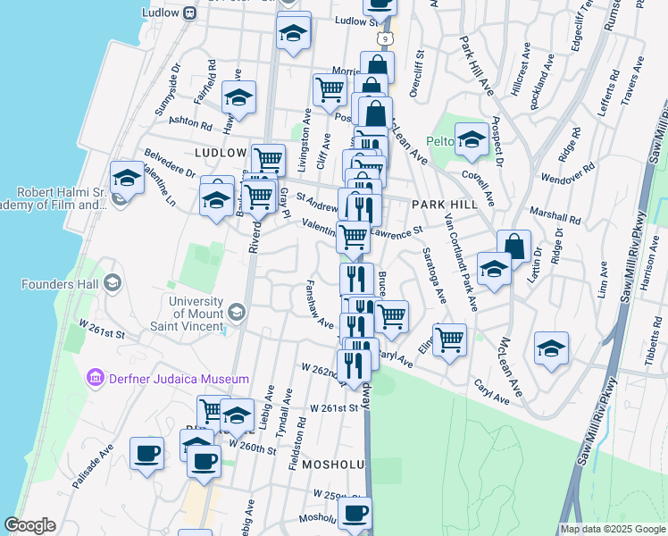 map of restaurants, bars, coffee shops, grocery stores, and more near 40 Leighton Avenue in Yonkers