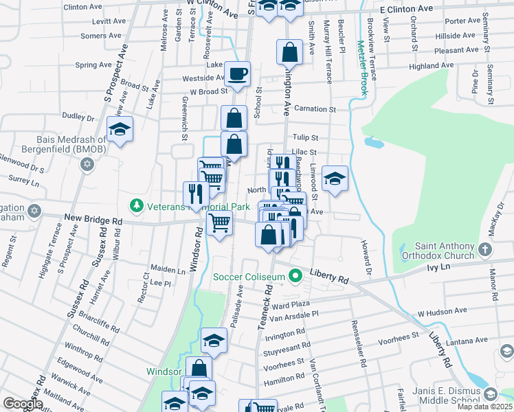 map of restaurants, bars, coffee shops, grocery stores, and more near in Bergenfield