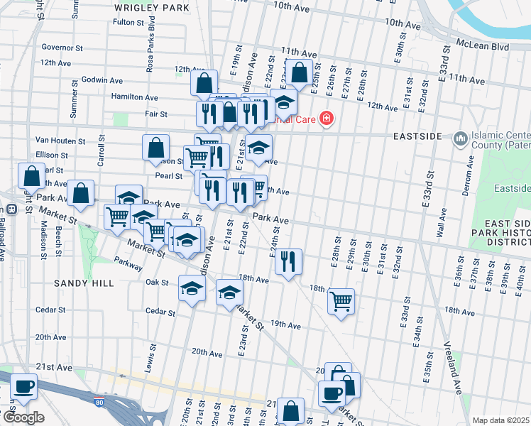 map of restaurants, bars, coffee shops, grocery stores, and more near 770 East 23rd Street in Paterson