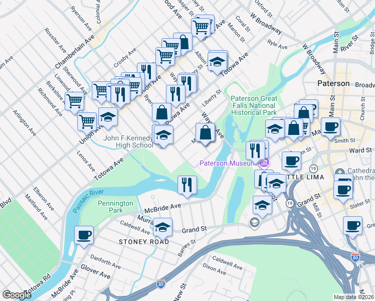 map of restaurants, bars, coffee shops, grocery stores, and more near 62 Preakness Avenue in Paterson
