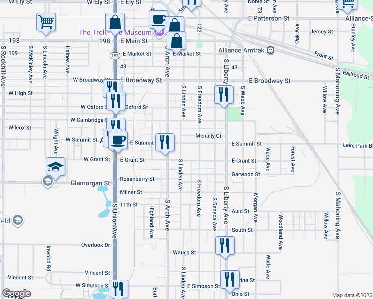 map of restaurants, bars, coffee shops, grocery stores, and more near 446 East Grant Street in Alliance