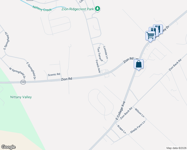 map of restaurants, bars, coffee shops, grocery stores, and more near 2796 Zion Road in Bellefonte