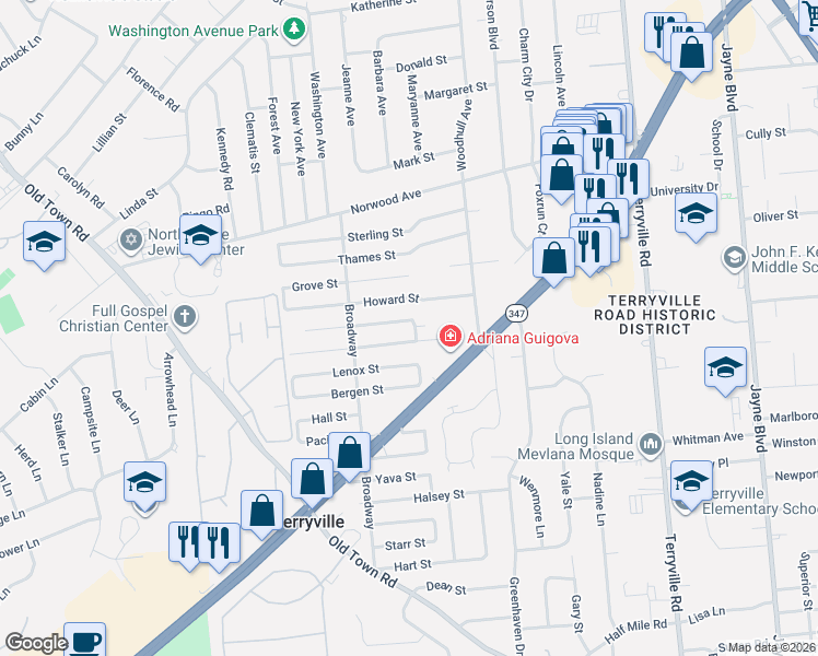 map of restaurants, bars, coffee shops, grocery stores, and more near 150 Minrol Street in Port Jefferson Station