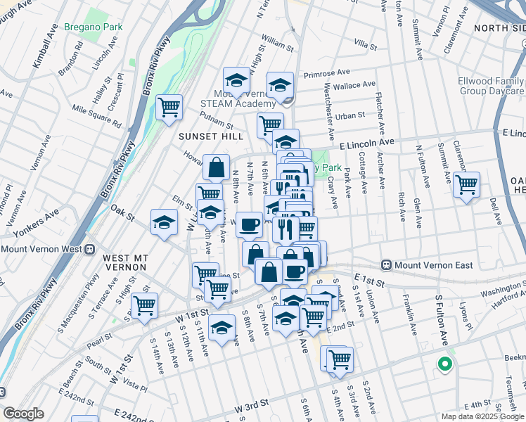 map of restaurants, bars, coffee shops, grocery stores, and more near 28 West Sidney Avenue in Mount Vernon