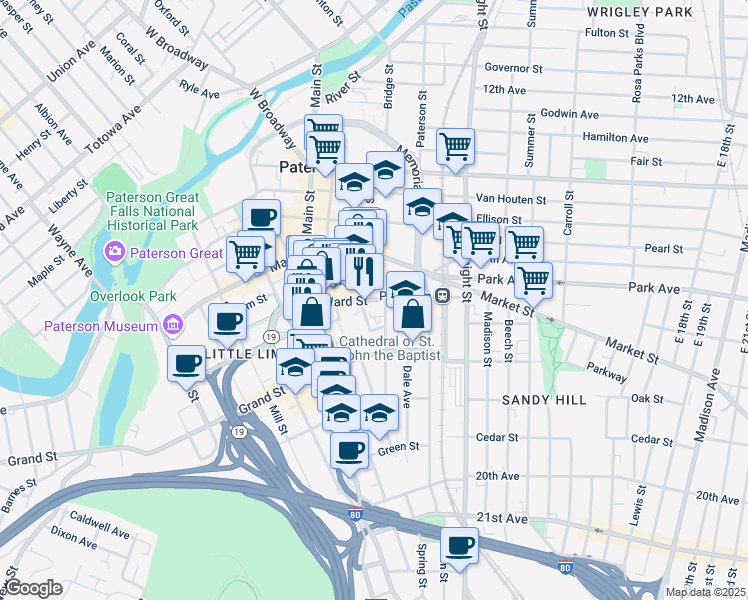 map of restaurants, bars, coffee shops, grocery stores, and more near 120 Ward Street in Paterson