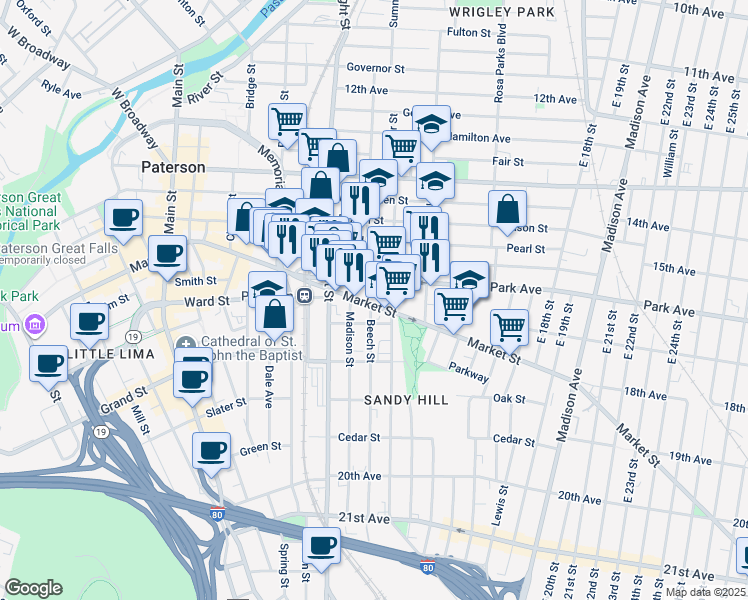 map of restaurants, bars, coffee shops, grocery stores, and more near 51/57 Park Avenue in Paterson