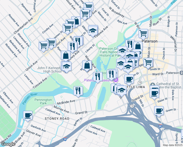 map of restaurants, bars, coffee shops, grocery stores, and more near 1 Wayne Avenue in Paterson