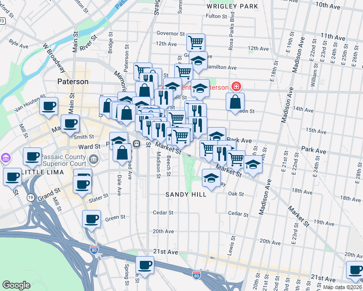 map of restaurants, bars, coffee shops, grocery stores, and more near in Paterson