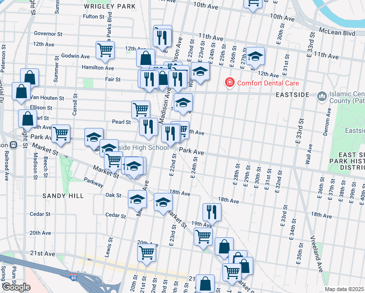 map of restaurants, bars, coffee shops, grocery stores, and more near 315 Park Avenue in Paterson
