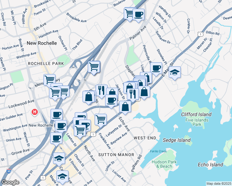 map of restaurants, bars, coffee shops, grocery stores, and more near 52 Jackson Street in New Rochelle