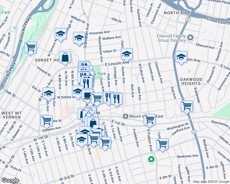 map of restaurants, bars, coffee shops, grocery stores, and more near 125 Cottage Avenue in Mount Vernon