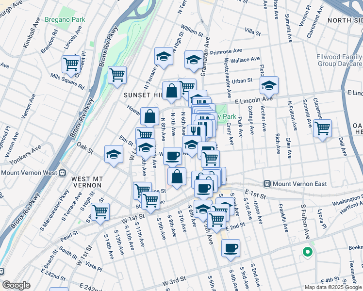map of restaurants, bars, coffee shops, grocery stores, and more near 133 North 6th Avenue in Mount Vernon
