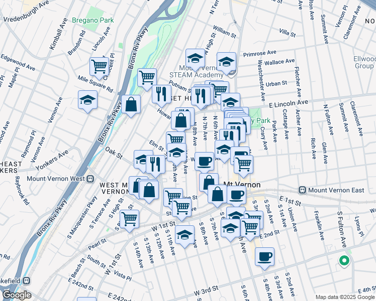 map of restaurants, bars, coffee shops, grocery stores, and more near 136 North 9th Avenue in Mount Vernon