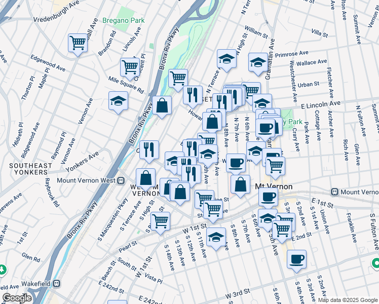 map of restaurants, bars, coffee shops, grocery stores, and more near 154 West Lincoln Avenue in Mount Vernon
