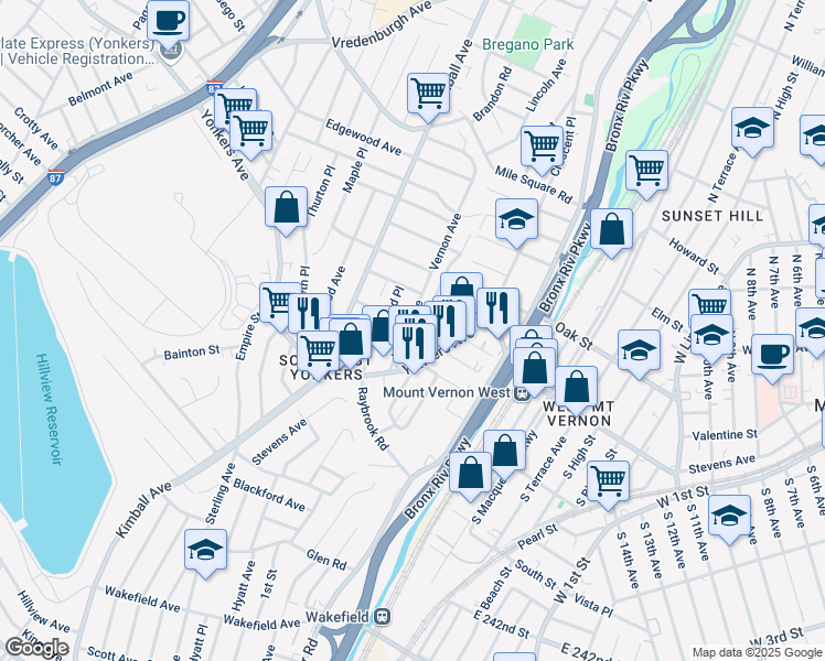 map of restaurants, bars, coffee shops, grocery stores, and more near 56 Vernon Avenue in Yonkers