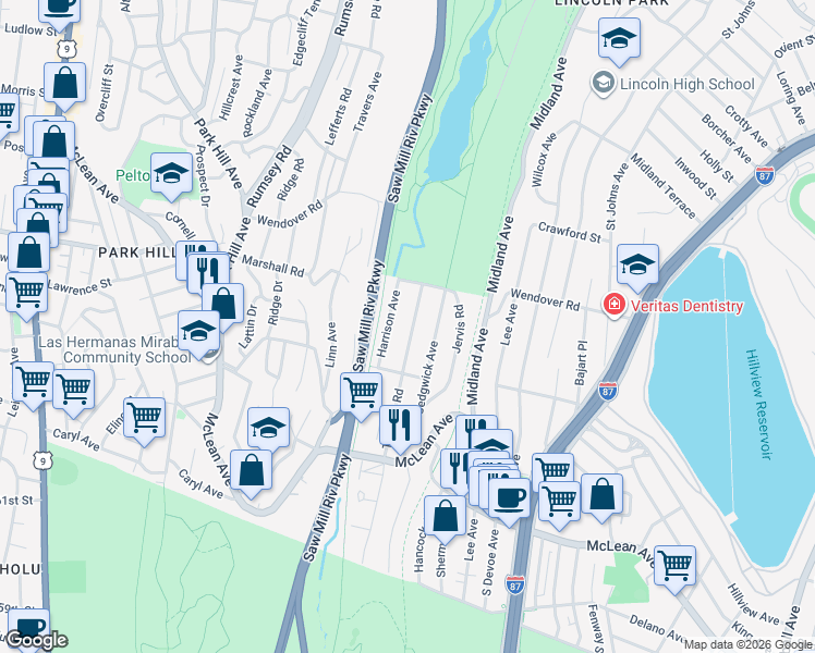 map of restaurants, bars, coffee shops, grocery stores, and more near 136 Harrison Avenue in Yonkers
