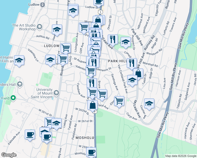 map of restaurants, bars, coffee shops, grocery stores, and more near 59 Bruce Avenue in Yonkers