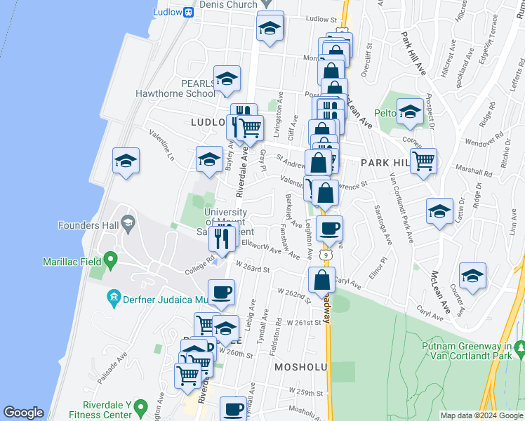 map of restaurants, bars, coffee shops, grocery stores, and more near 33 Valdale Avenue in Yonkers