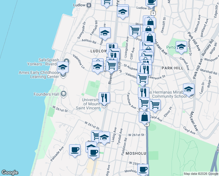 map of restaurants, bars, coffee shops, grocery stores, and more near in Yonkers