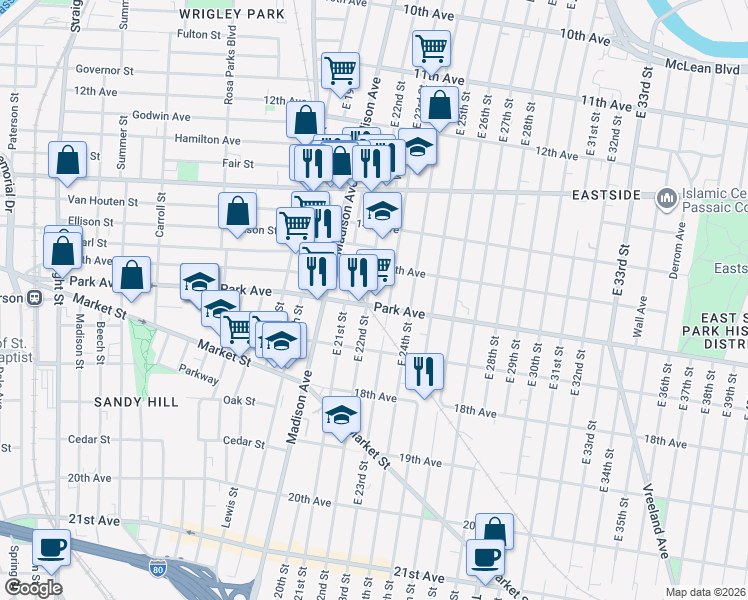 map of restaurants, bars, coffee shops, grocery stores, and more near 733 East 22nd Street in Paterson