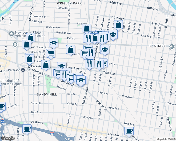 map of restaurants, bars, coffee shops, grocery stores, and more near 262 16th Avenue in Paterson