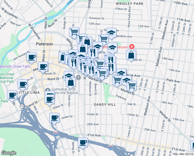 map of restaurants, bars, coffee shops, grocery stores, and more near 51/57 Park Avenue in Paterson