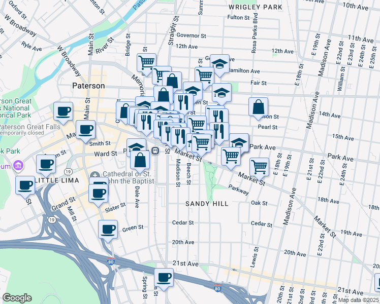 map of restaurants, bars, coffee shops, grocery stores, and more near 51/57 Park Avenue in Paterson