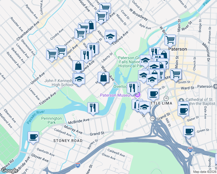 map of restaurants, bars, coffee shops, grocery stores, and more near 1 Wayne Avenue in Paterson