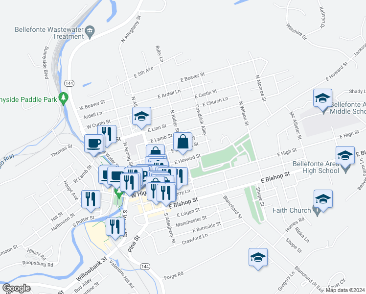 map of restaurants, bars, coffee shops, grocery stores, and more near 236 North Ridge Street in Bellefonte