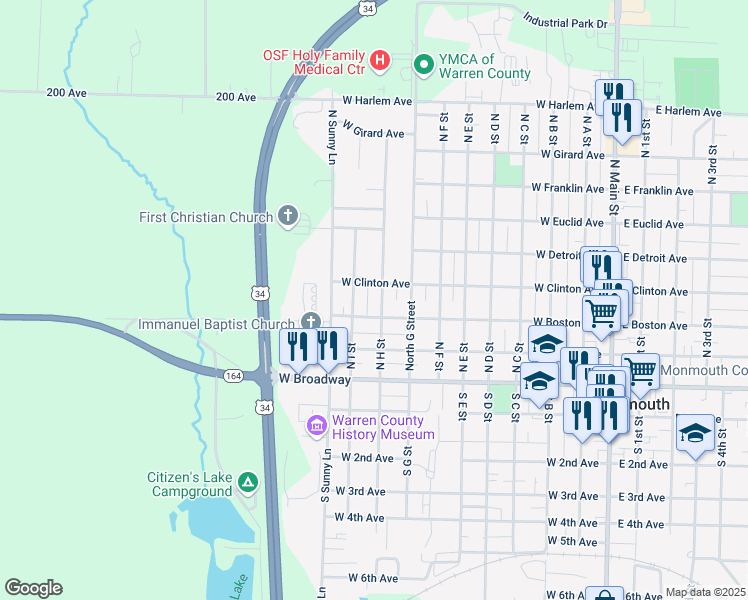 map of restaurants, bars, coffee shops, grocery stores, and more near 900-948 W Clinton Ave in Monmouth