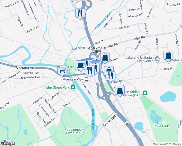 map of restaurants, bars, coffee shops, grocery stores, and more near Mountainview Boulevard in Wayne
