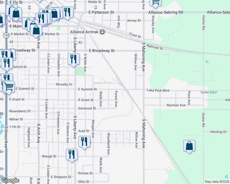 map of restaurants, bars, coffee shops, grocery stores, and more near 717 Forest Avenue in Alliance